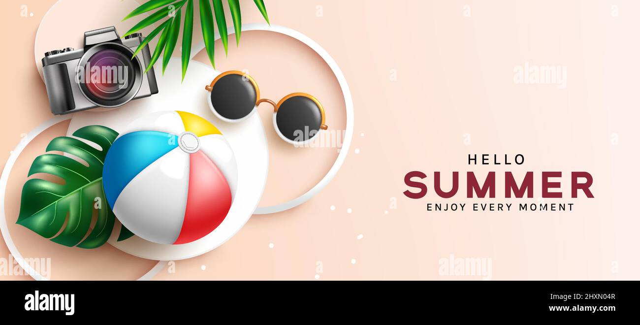 Ciao estate vettore background design. Ciao testo estate con Beach ball, fotocamera e occhiali da sole elementi in uno spazio minimalista per la fotografia flat lay. Illustrazione Vettoriale