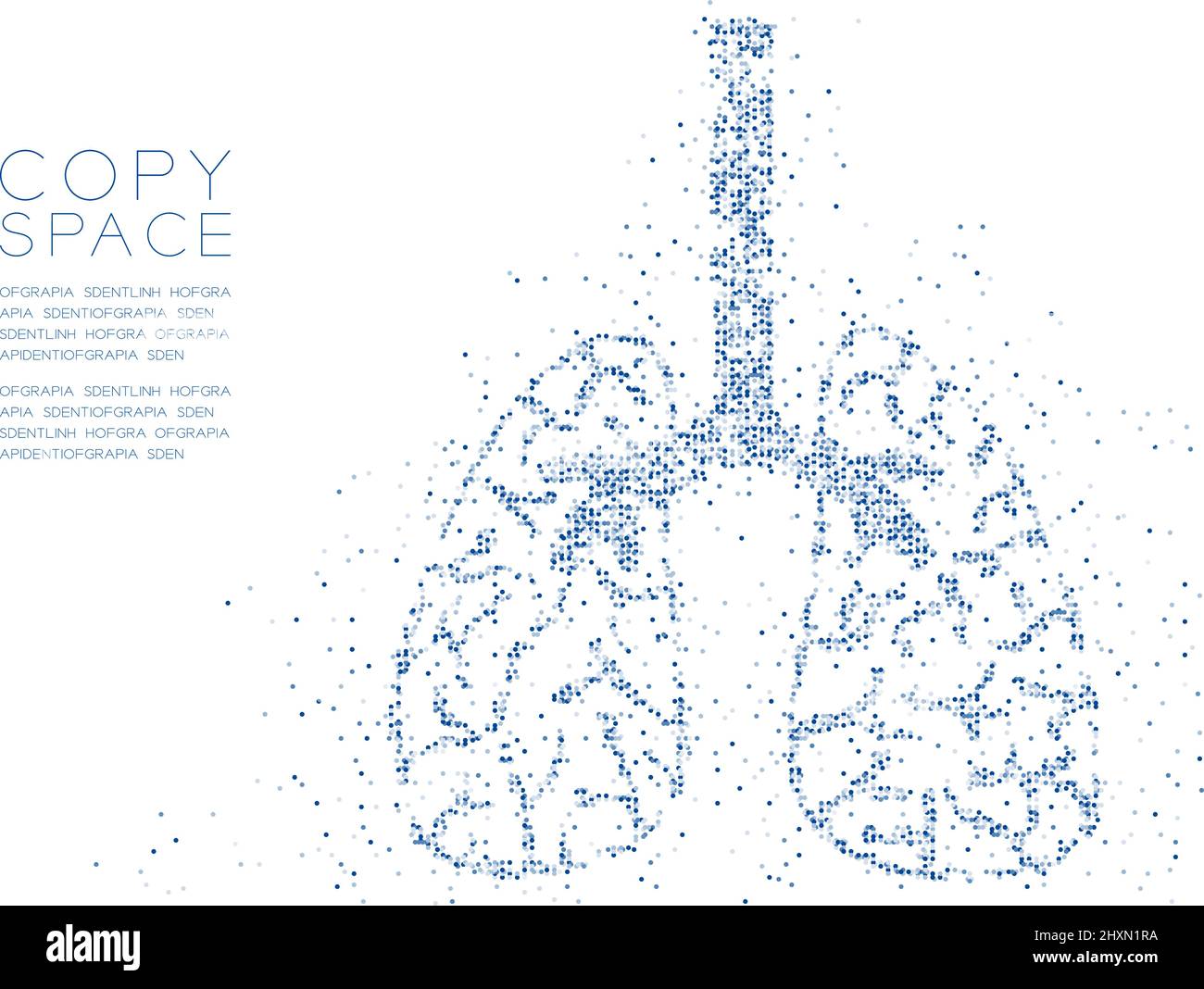 Astratto geometrico cerchio molecola di particelle modello PM 2,5 con forma polmonare, tecnologia VR concetto di scienza medica blu illustrazione di colore isolato Illustrazione Vettoriale