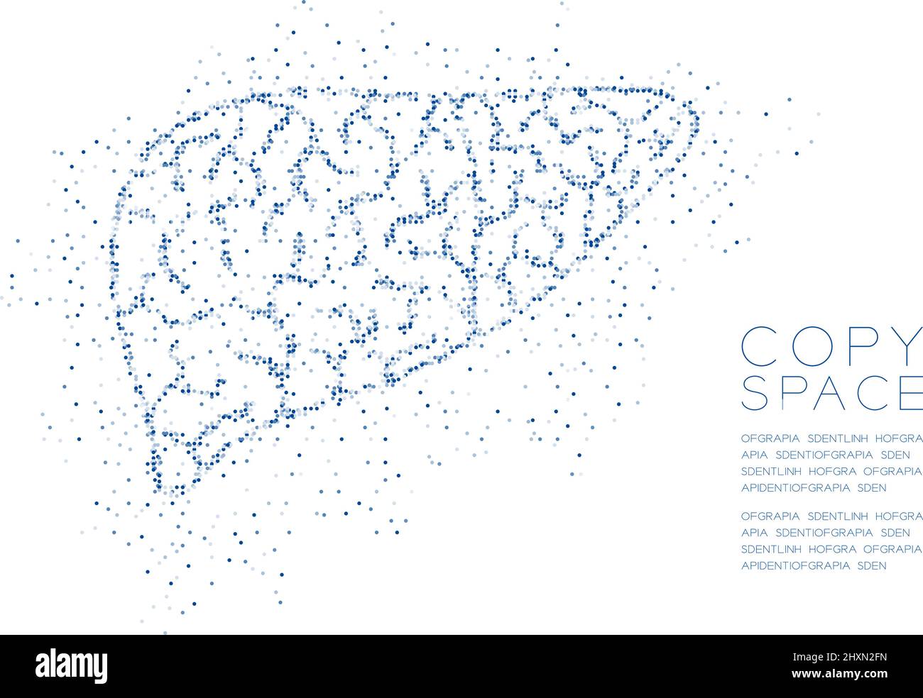 Forma del fegato Abstract geometrico cerchio dot pixel pattern, Medical Science Organ concetto design blu illustrazione di colore isolato su sfondo bianco wit Illustrazione Vettoriale