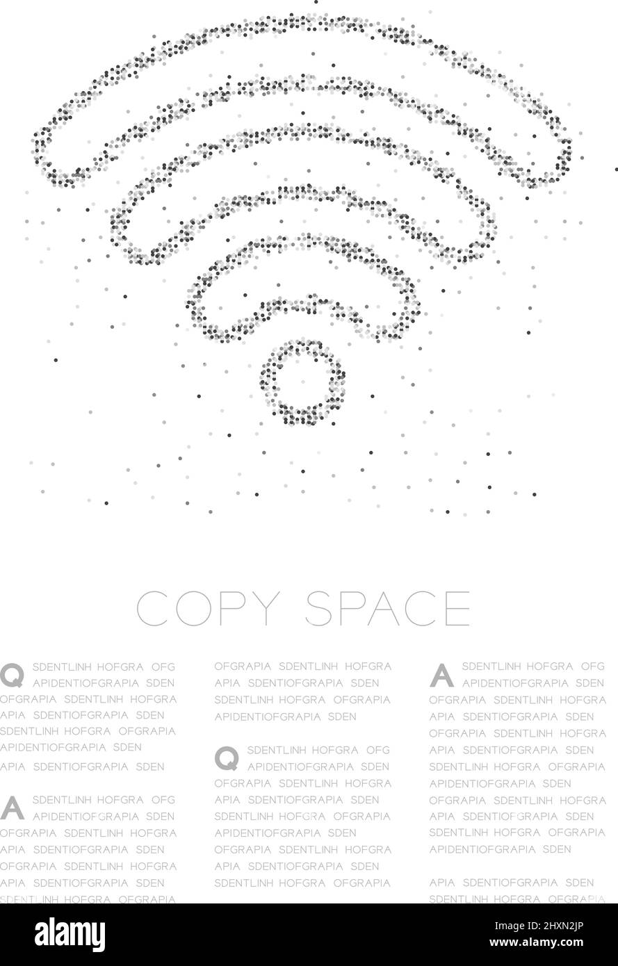 Astratto cerchio geometrico pixel modello simbolo WiFi, Internet Connect concept design nero illustrazione a colori su sfondo bianco con spazio di copia, Illustrazione Vettoriale