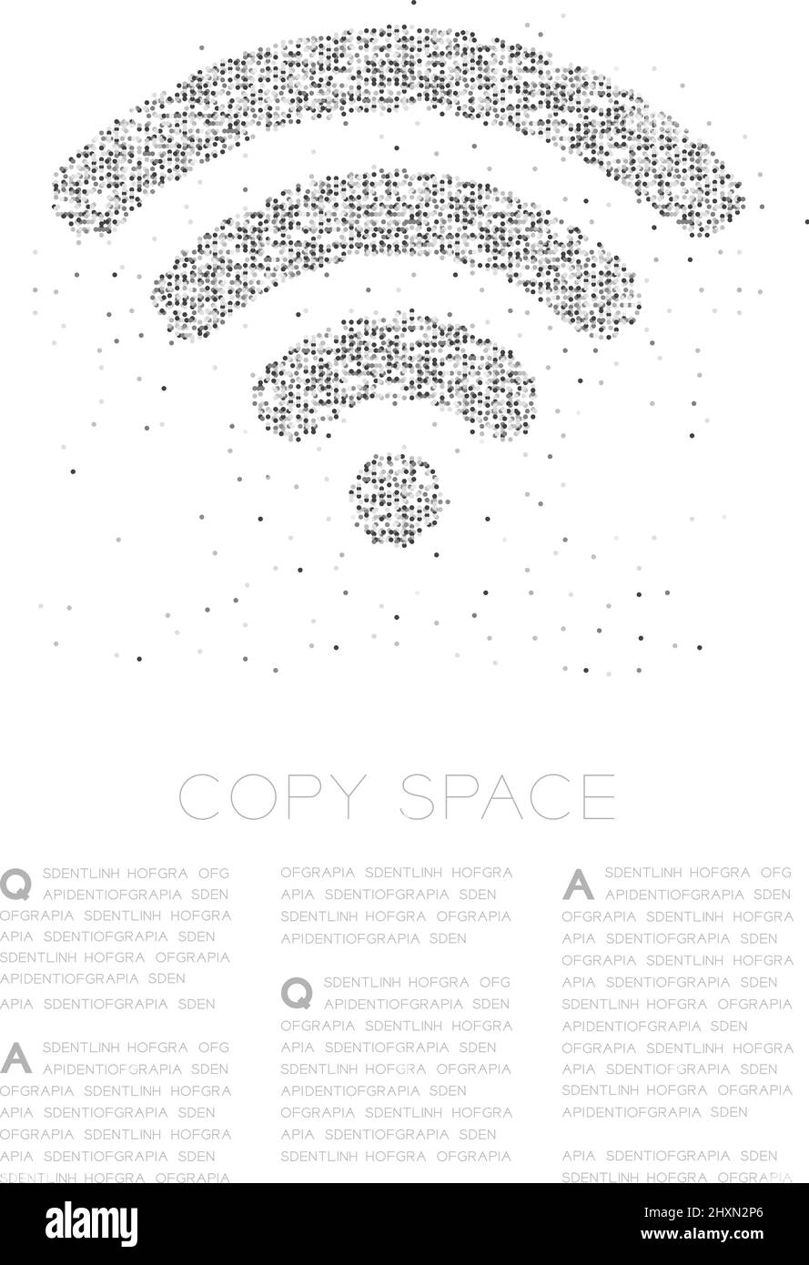 Astratto cerchio geometrico pixel modello simbolo WiFi, Internet Connect concept design nero illustrazione a colori su sfondo bianco con spazio di copia, Illustrazione Vettoriale