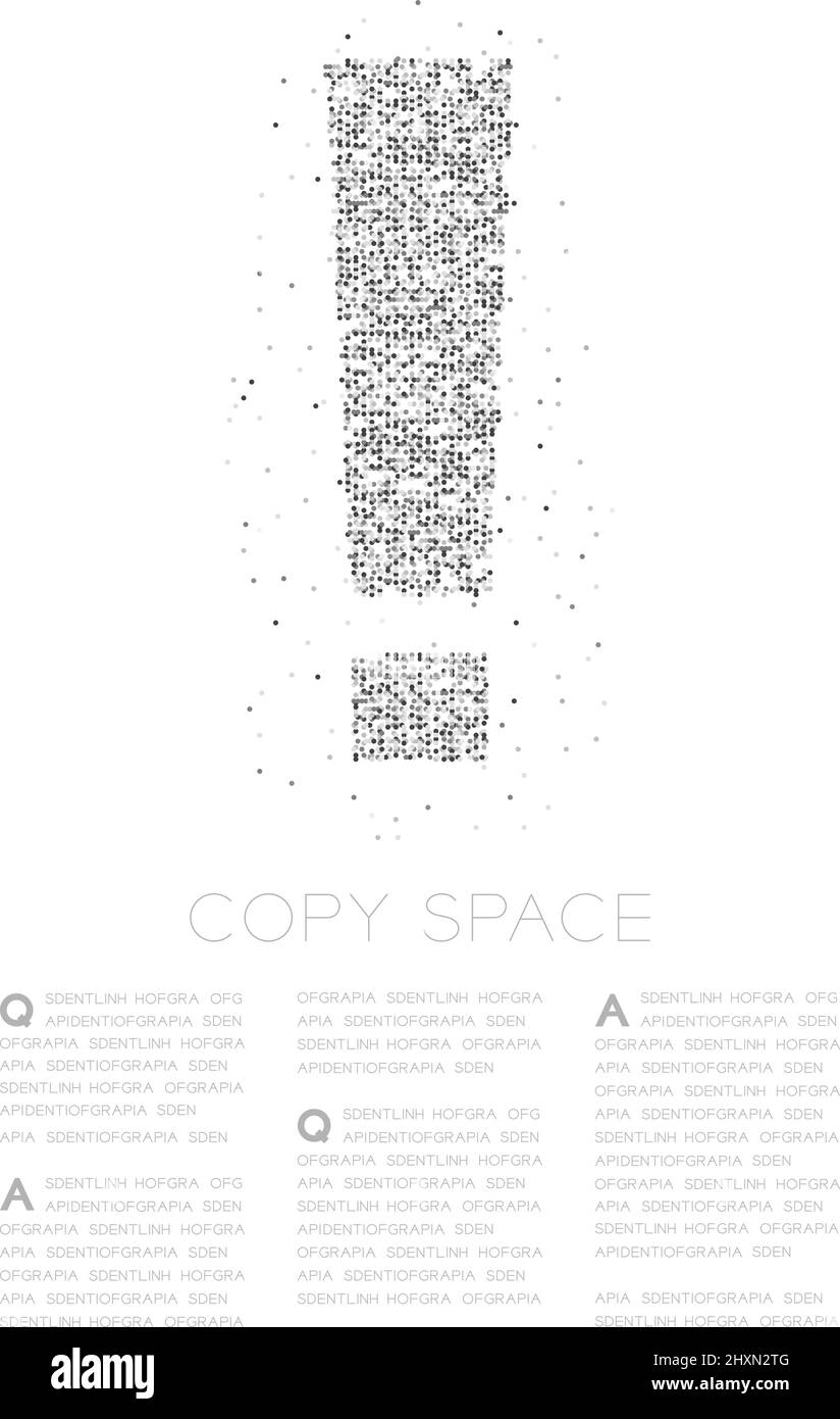 Astratto geometrico cerchio punto pixel motivo punto esclamativo segno icona, concetto di avvertimento disegno nero colore illustrazione su sfondo bianco con copia Illustrazione Vettoriale