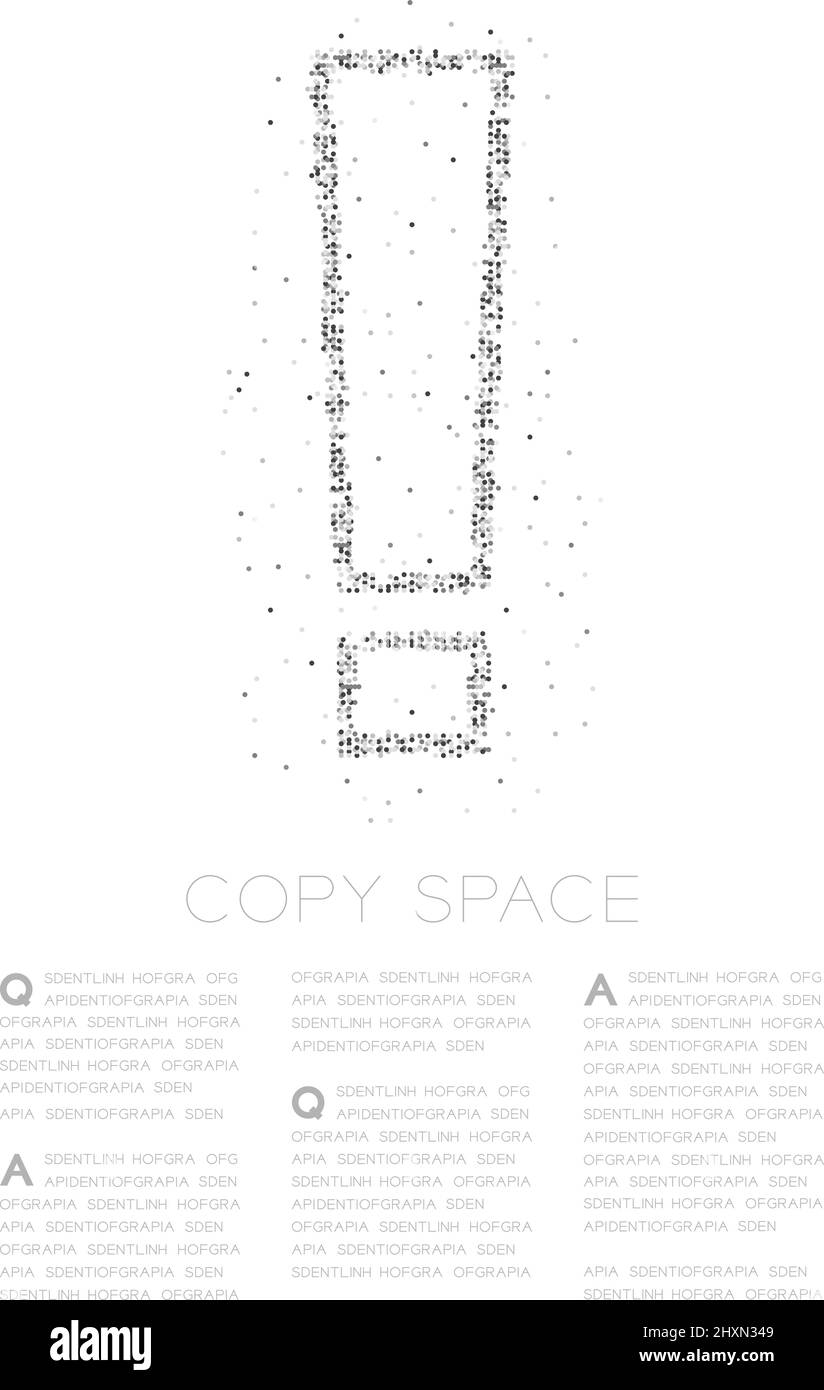 Astratto geometrico cerchio punto pixel motivo punto esclamativo segno icona, concetto di avvertimento disegno nero colore illustrazione su sfondo bianco con copia Illustrazione Vettoriale
