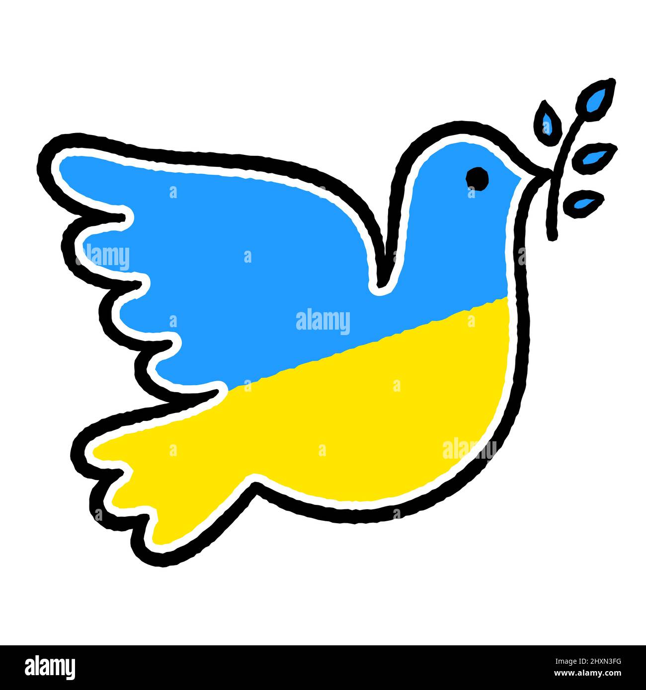Colomba di pace nei colori della bandiera Ucraina. Fermare la guerra in Ucraina. Semplice simbolo disegnato a mano, illustrazione vettoriale. Illustrazione Vettoriale