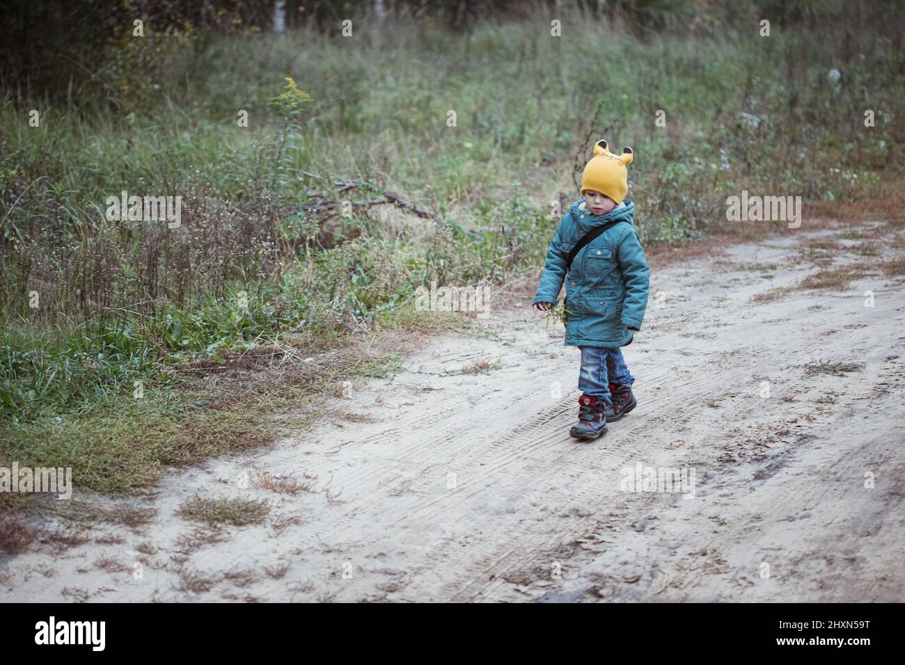 Piccolo ragazzo caucasico in cappotto verde che cammina nel campo autunno tempo Foto Stock