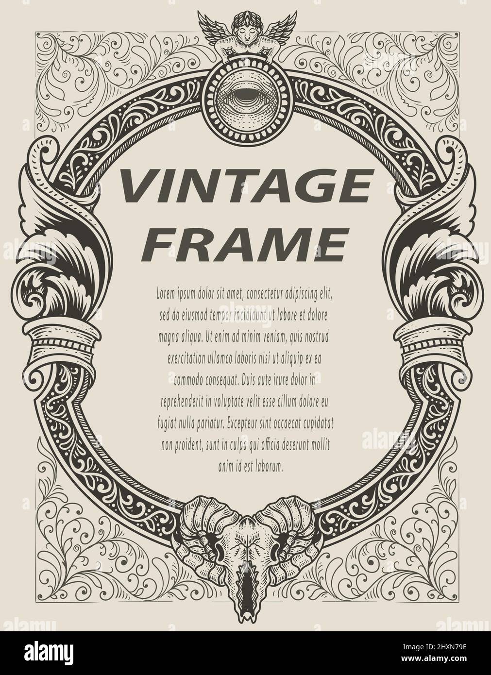 illustrazione telaio di incisione antico in stile monocromatico Illustrazione Vettoriale