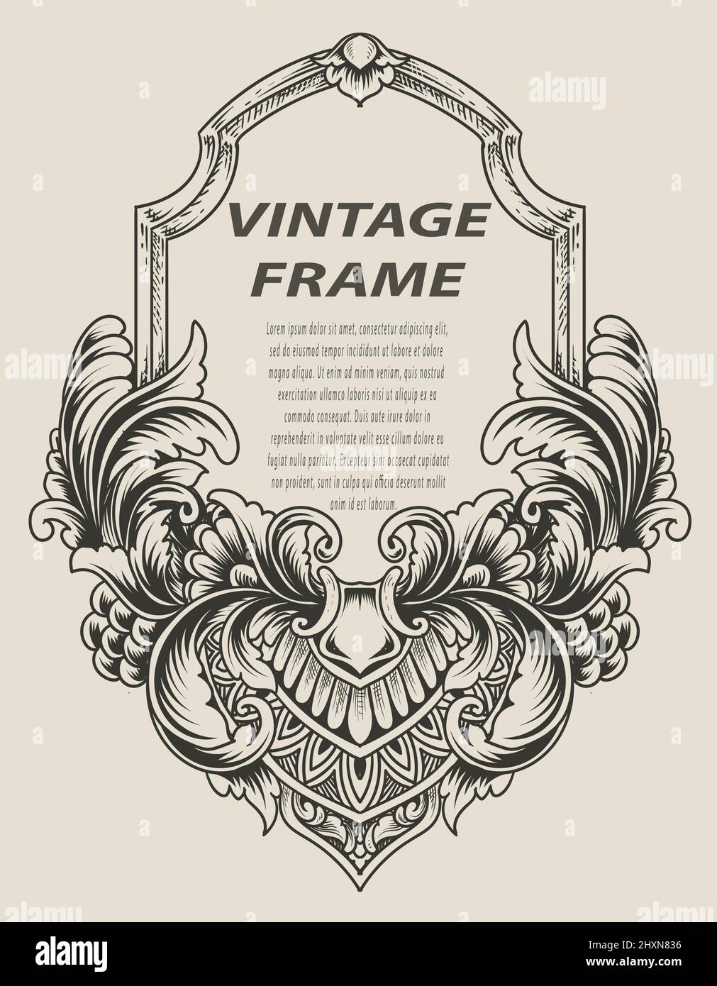 illustrazione telaio di incisione antico in stile monocromatico Illustrazione Vettoriale