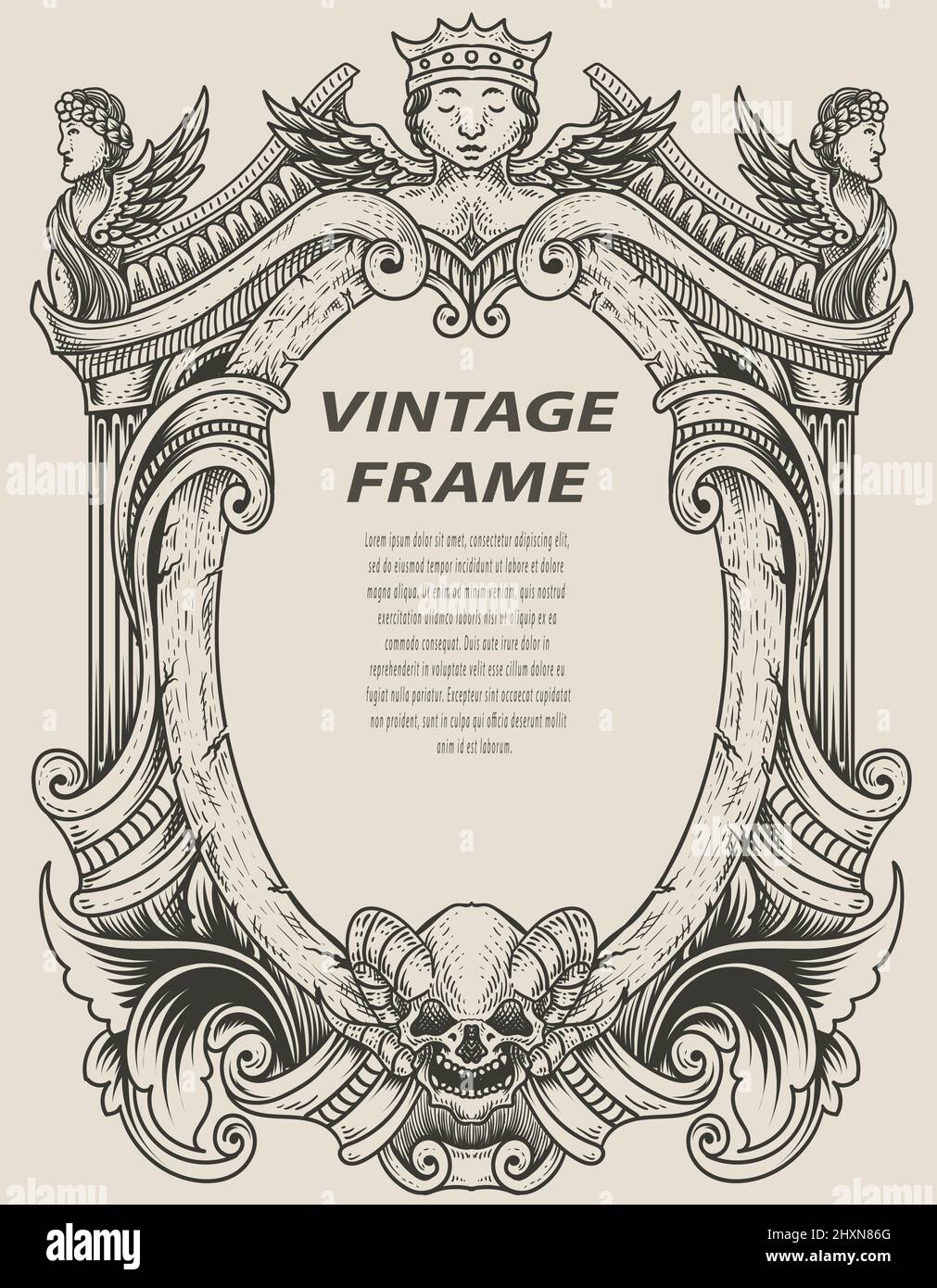 illustrazione telaio di incisione antico in stile monocromatico Illustrazione Vettoriale