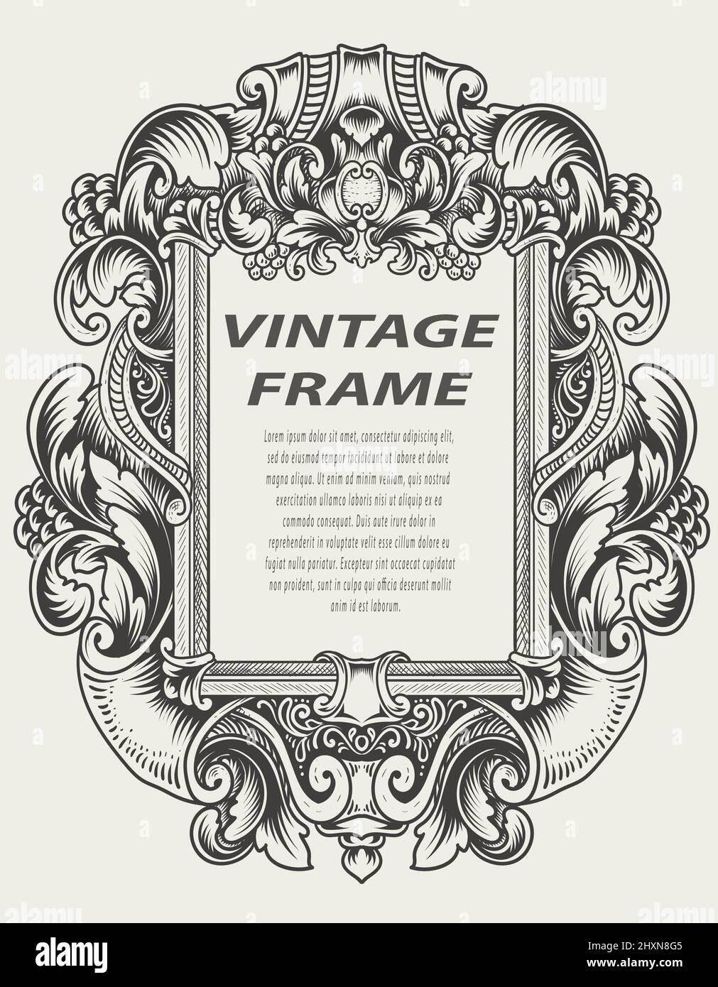 illustrazione telaio di incisione antico in stile monocromatico Illustrazione Vettoriale