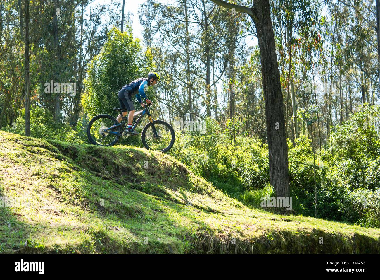 uomo che guida la sua bicicletta lungo una montagna attraverso una foresta. Concetto di sport Foto Stock