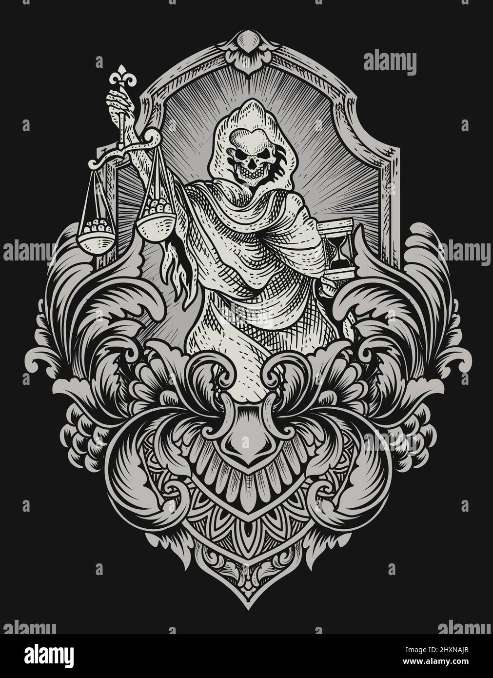 illustrazione giustizia angelo della morte con ornamento d'incisione d'epoca Illustrazione Vettoriale