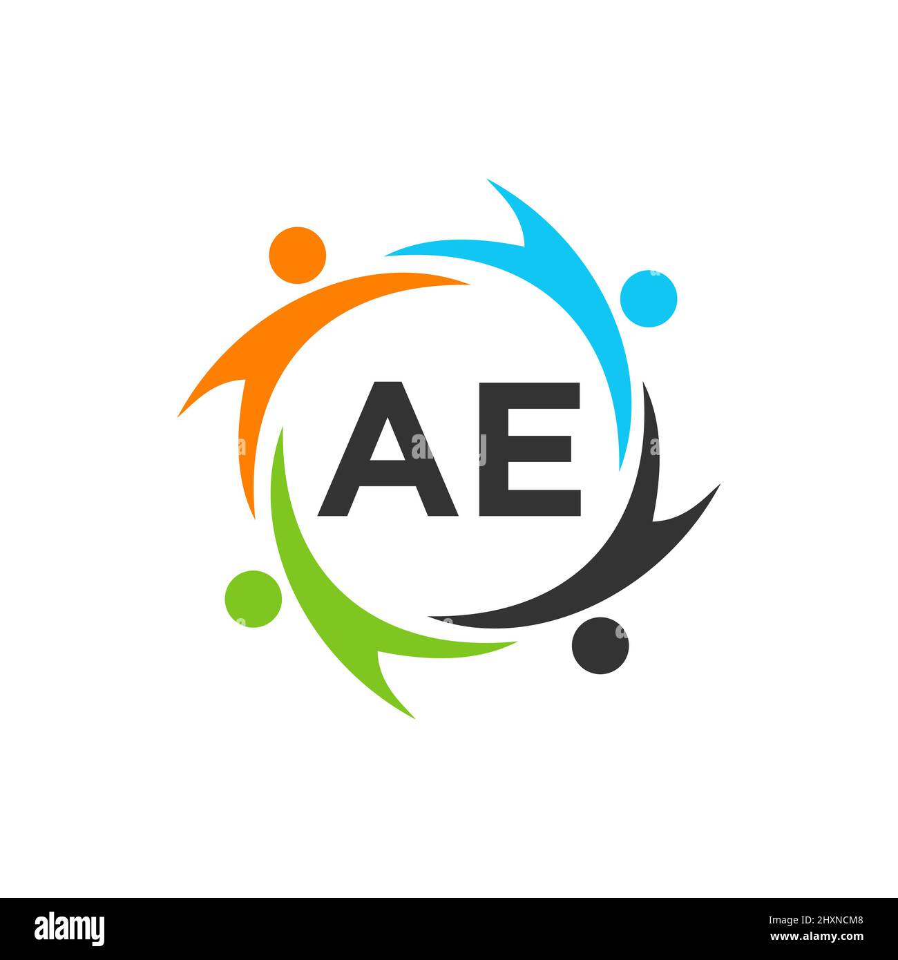 Modello di logo di beneficenza sulla lettera AE, Initial Unity Foundation Human Logo Sign. Unity Team Work Logo Design con modello lettera AE Illustrazione Vettoriale