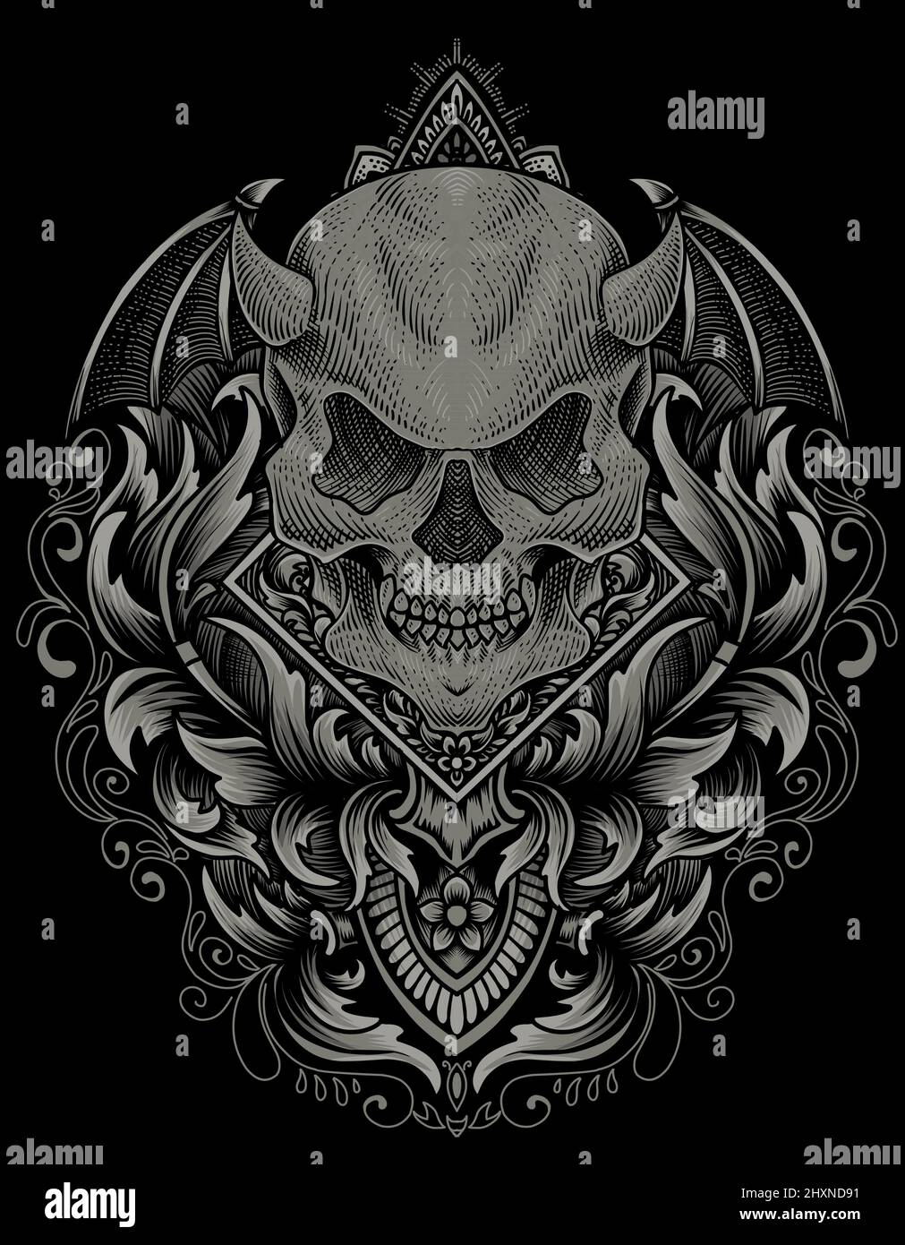 illustrazione demone cranio con incisione ornamento stile Illustrazione Vettoriale