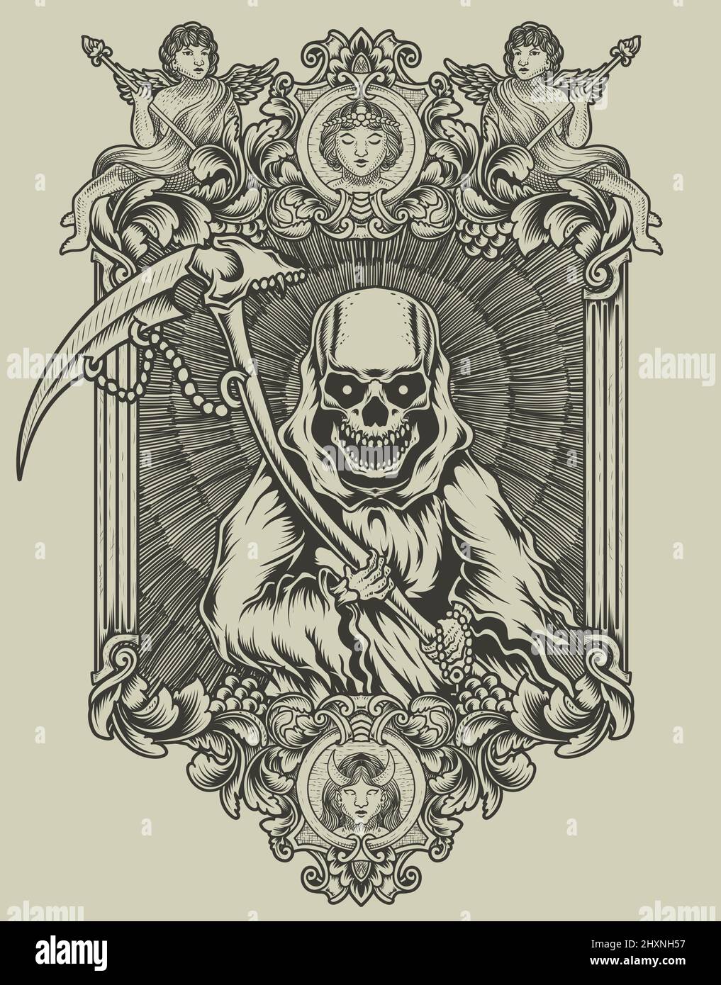 illustrazione angelo della morte con cornice d'incisione d'epoca Illustrazione Vettoriale