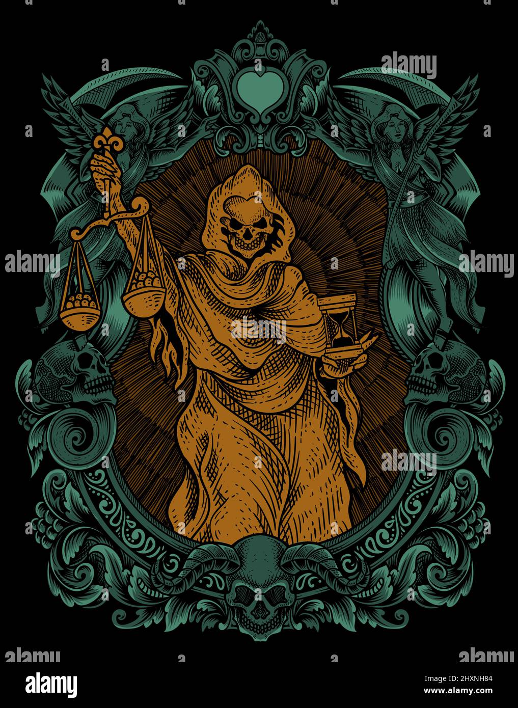 illustrazione giustizia angelo della morte con ornamento d'incisione d'epoca Illustrazione Vettoriale