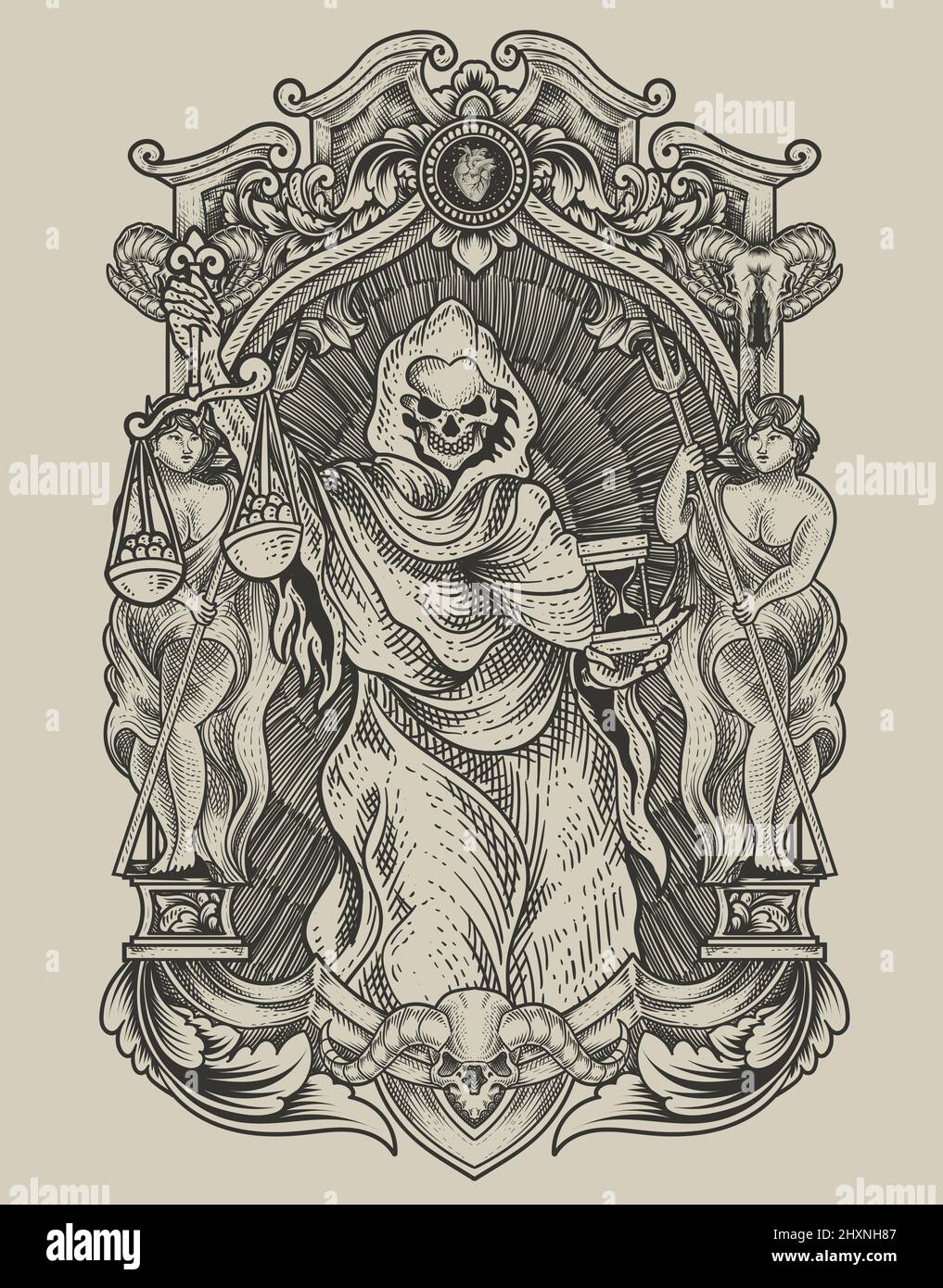 illustrazione giustizia angelo della morte con ornamento d'incisione d'epoca Illustrazione Vettoriale