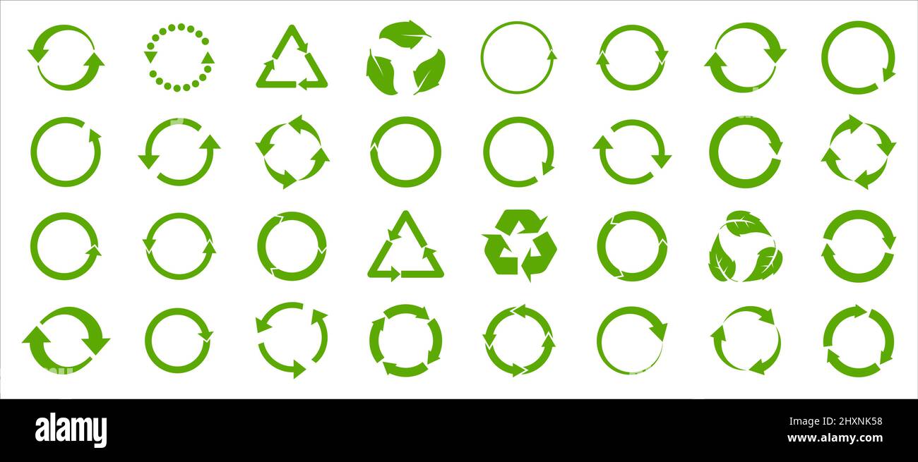 Freccia verde riciclata, serie di icone. Illustrazione vettoriale. Design piatto. Illustrazione Vettoriale