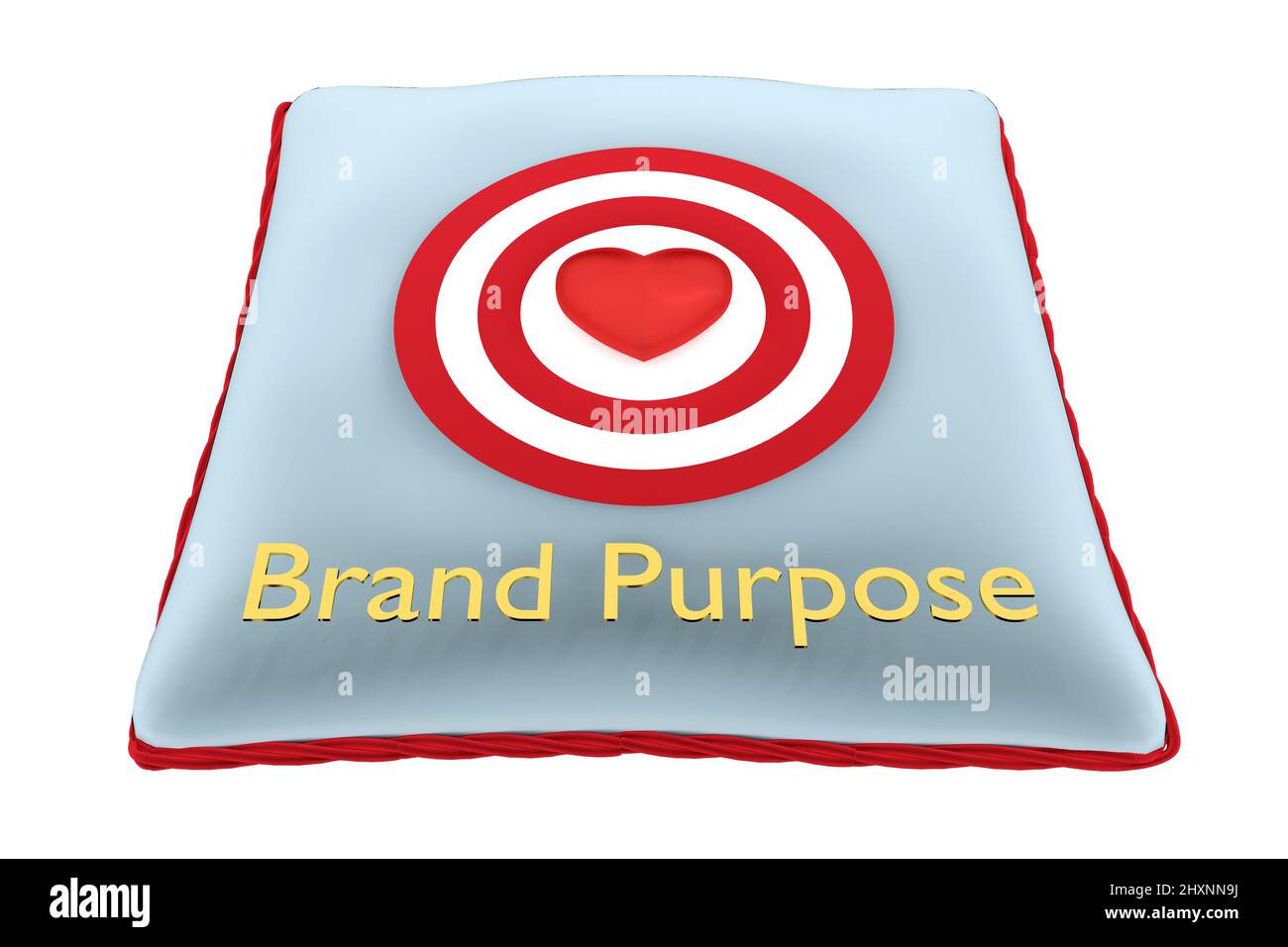 3D illustrazione di un titolo di Brand Purpose e di un bersaglio contenente un cuore rosso su un cuscino di velluto blu pallido, isolato su bianco. Foto Stock