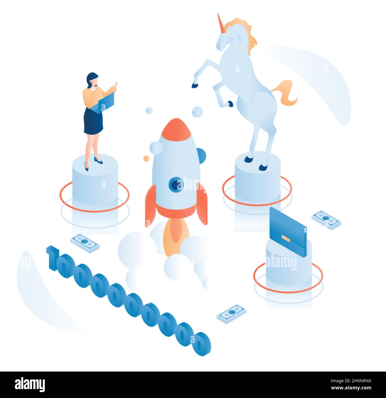 Unicorn Company o unicorn startup, impresa commerciale di successo, illustrazione isometrica vettoriale. Illustrazione Vettoriale