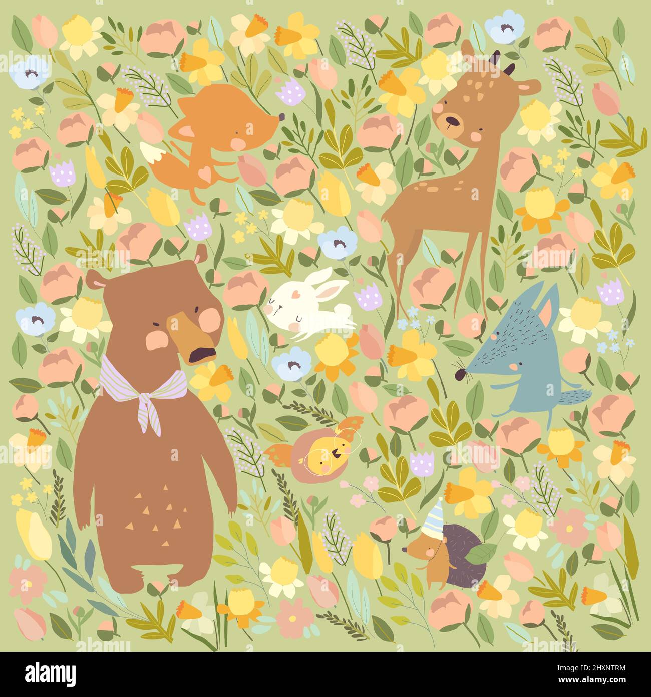 Carino Cartoon animali riunione primavera su Flowers Meadow Illustrazione Vettoriale