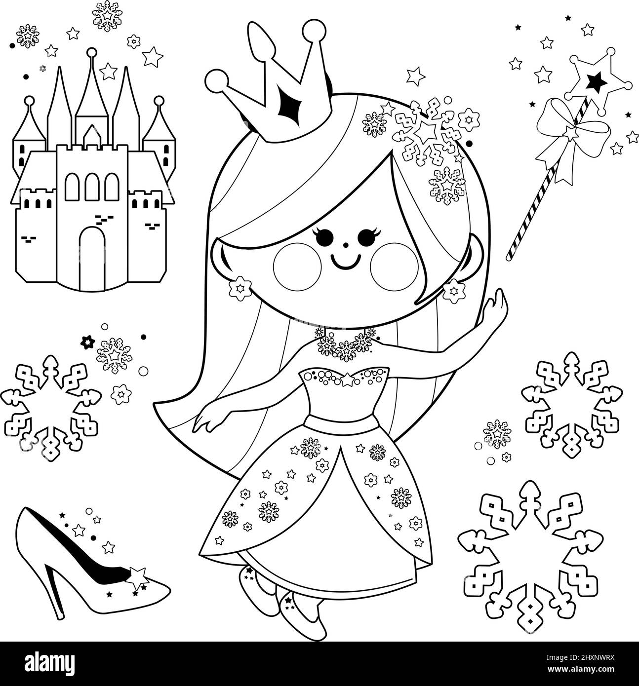 Bella principessa di neve e il castello. Pagina di colorazione vettoriale in bianco e nero Illustrazione Vettoriale