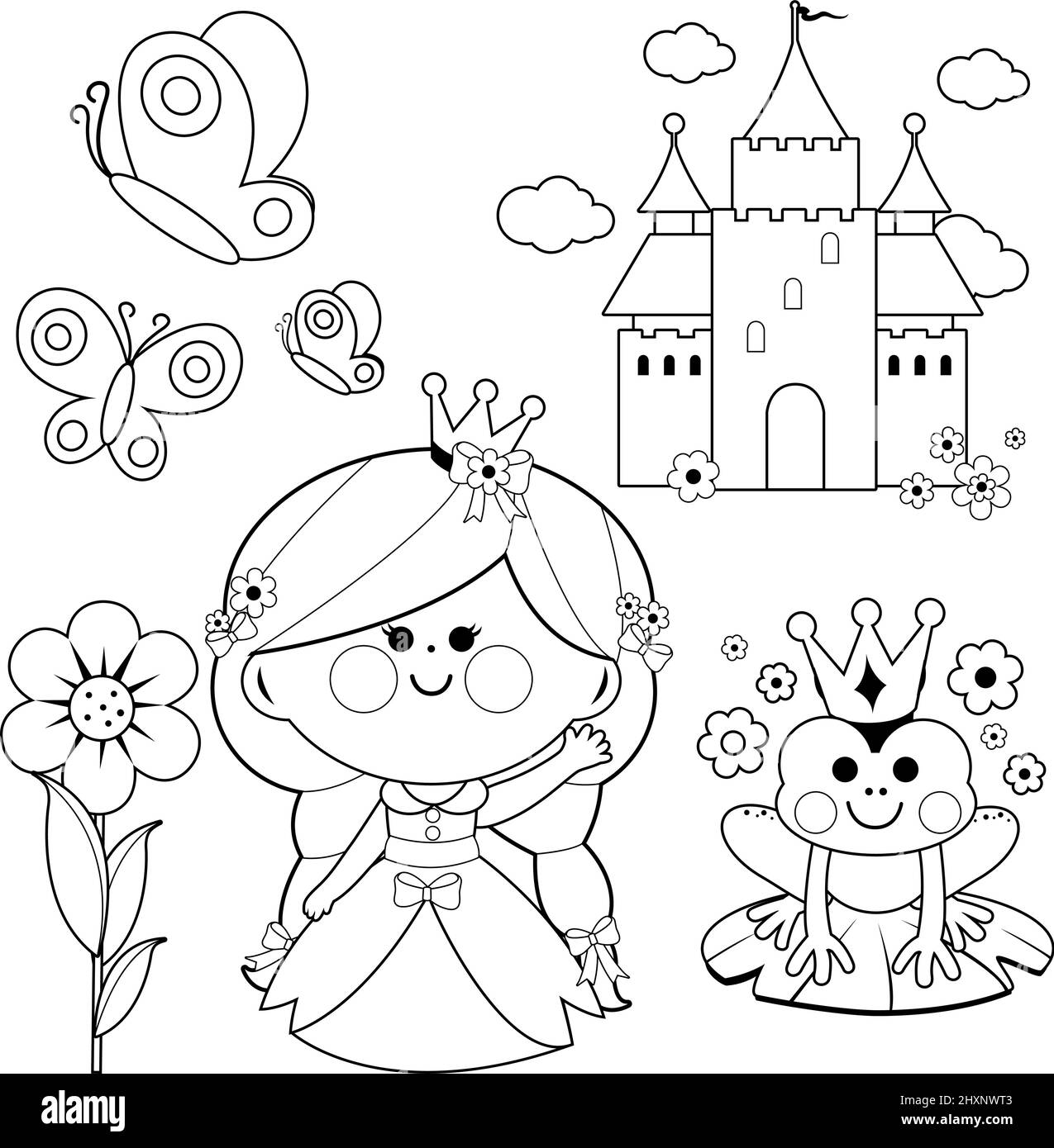Set di illustrazioni di fiaba della principessa di primavera. Pagina di colorazione vettoriale in bianco e nero Illustrazione Vettoriale