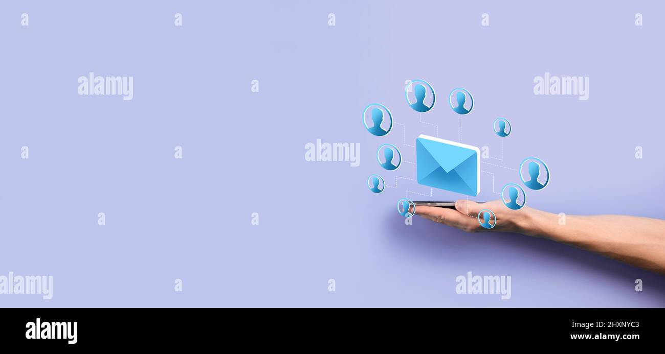 E-mail e l'icona utente, segno, simbolo marketing o newsletter concetto, diagramma.invio di e-mail.Bulk mail.e-mail e sms marketing concetto. Schema di sal diretta Foto Stock