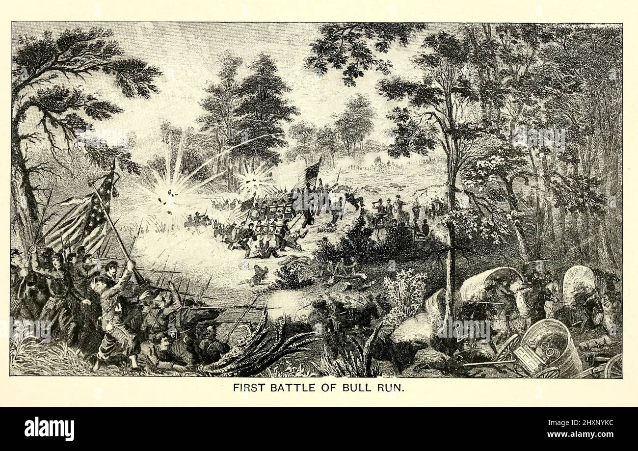 La prima battaglia di Bull Run (il nome usato dalle forze dell'Unione), conosciuta anche come la battaglia di First Manassas (il nome usato dalle forze confederate), fu la prima grande battaglia della guerra civile americana. La battaglia fu combattuta il 21 luglio 1861, nella Contea di Prince William, Virginia, appena a nord della città di Manassas e circa 30 miglia a ovest-sud-ovest di Washington, D.C. le forze dell'Unione furono lente nel posizionarsi, permettendo ai rinforzi confederati di arrivare in treno. Ogni parte aveva circa 18.000 soldati mal addestrati e mal guidati nella loro prima battaglia. Fu una vittoria confederata, foll Foto Stock