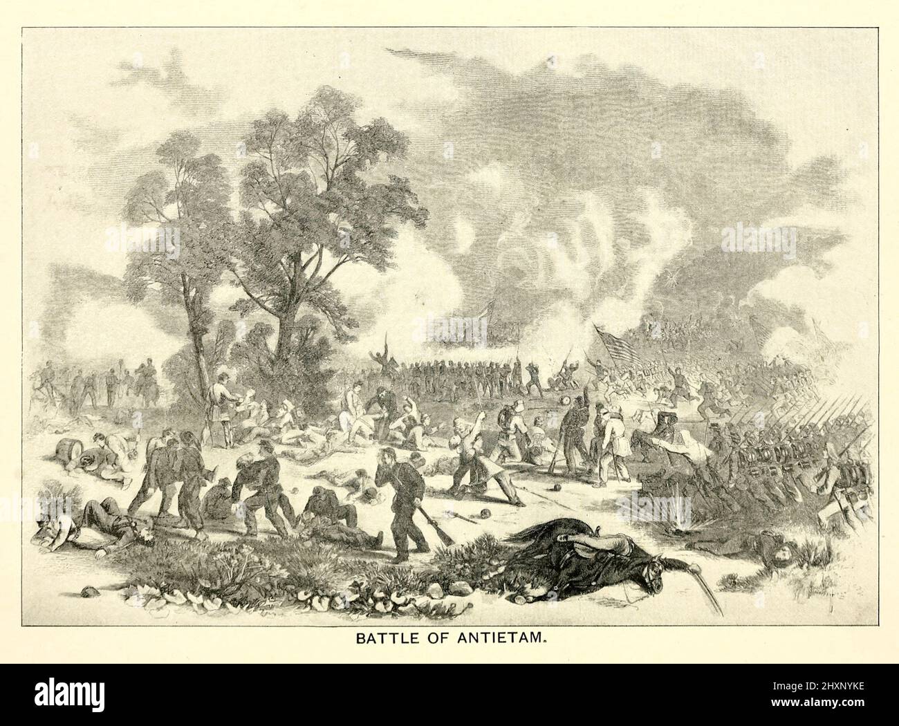 La battaglia di Antietam (/ænˈtiːtəm/), La battaglia di Sharpsburg, in particolare negli Stati Uniti meridionali, fu una battaglia della guerra civile americana combattuta il 17 settembre 1862, tra l'esercito del nord della Virginia del genere confederato Robert E. Lee e l'esercito del Potomac dell'Unione Gen. George B. McClellan vicino a Sharpsburg, Maryland e Antietam Creek. Parte della campagna del Maryland, fu il primo impegno a livello di esercito di campo nel teatro orientale della guerra civile americana a svolgersi sul suolo dell'Unione. Rimane il giorno più sanguinoso della storia americana, con un totale di 22.717 morti, feriti, o m Foto Stock