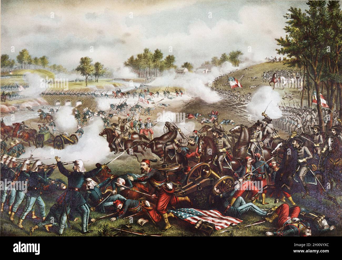 Prima battaglia di Bull Run cromolithograph di Kurz & Allison la prima battaglia di Bull Run (il nome usato dalle forze dell'Unione), conosciuta anche come la battaglia di First Manassas (il nome usato dalle forze confederate), è stata la prima battaglia principale della guerra civile americana. La battaglia fu combattuta il 21 luglio 1861, nella Contea di Prince William, Virginia, appena a nord della città di Manassas e circa 30 miglia a ovest-sud-ovest di Washington, D.C. le forze dell'Unione furono lente nel posizionarsi, permettendo ai rinforzi confederati di arrivare in treno. Ogni lato aveva circa 18.000 troo mal addestrati e mal guidati Foto Stock