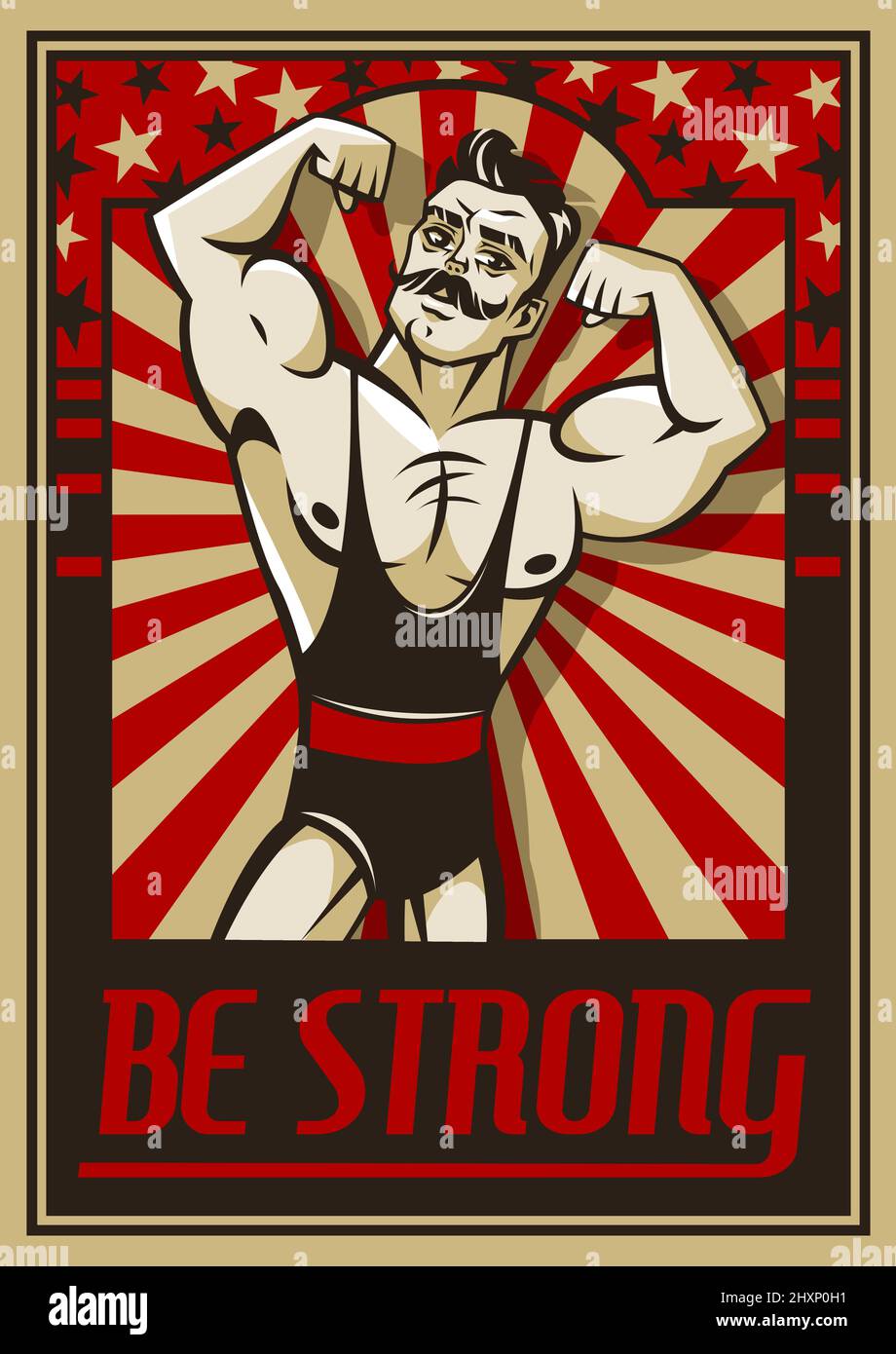 Poster palestra uomo. Personaggio retrò uomo forte, sport workout pubblicità, ragazzo muscolare con baffi, bodybuilder banner, atleta di circo vintage stile Illustrazione Vettoriale