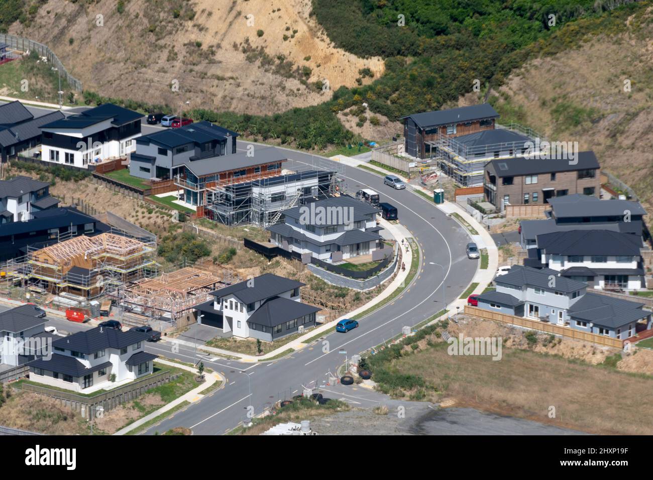 Sviluppo di compartimentazioni residenziali in una valle vicino a Ngaio, Wellington, Isola del Nord, Nuova Zelanda Foto Stock