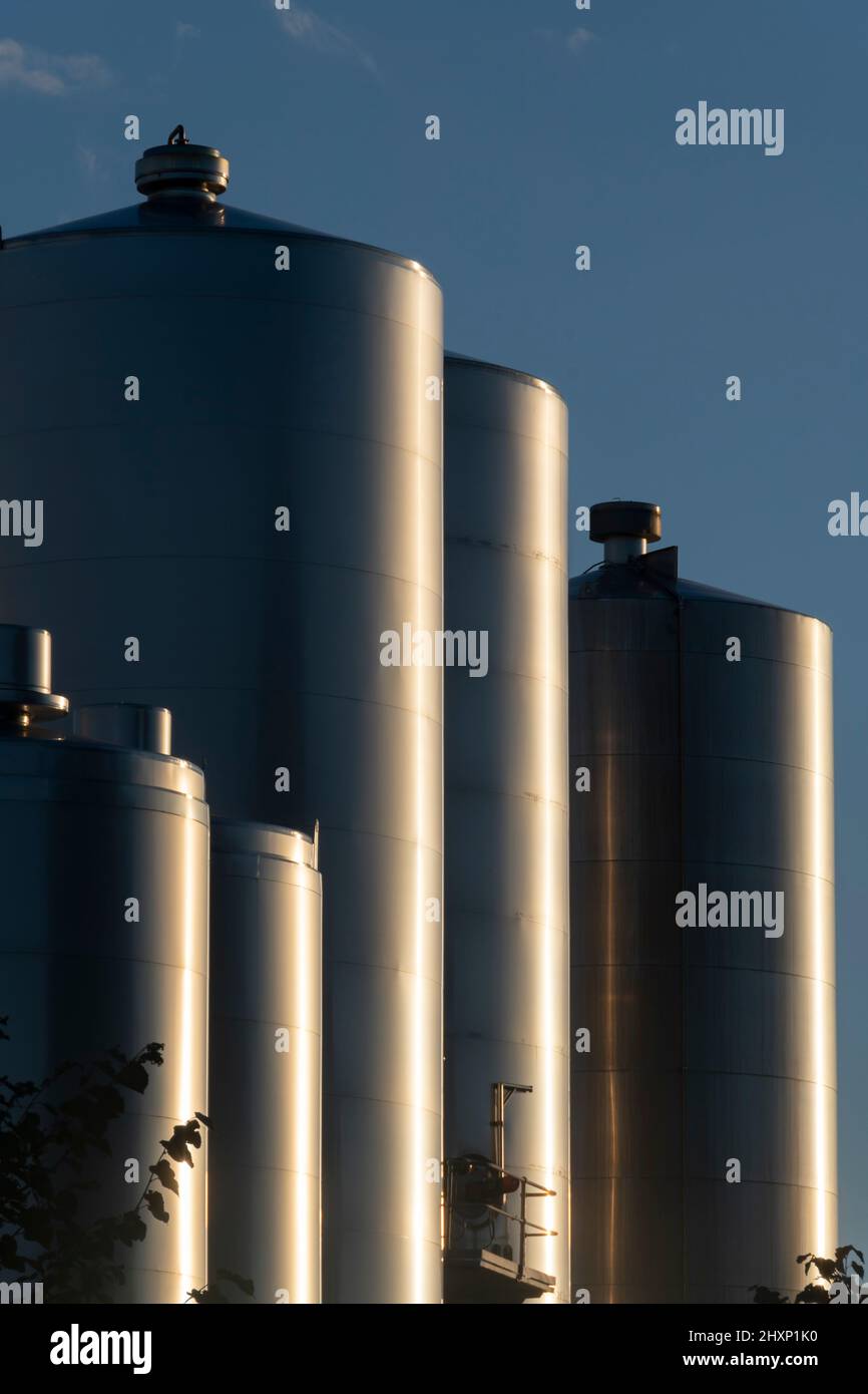 Silos di stoccaggio presso la fabbrica di latte vicino a Pahiatua, distretto di Tararua, Isola del Nord, Nuova Zelanda Foto Stock