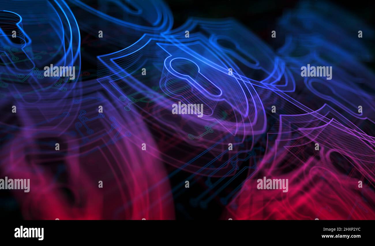 Sicurezza informatica, protezione della rete e dati digitali con concetto digitale di simbolo scudo. Rete, tecnologia informatica e background astratto informatico 3D Foto Stock