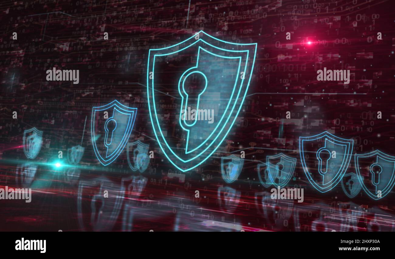 Sicurezza informatica, protezione della rete e dati digitali con concetto digitale di simbolo scudo. Rete, tecnologia informatica e background astratto informatico 3D Foto Stock