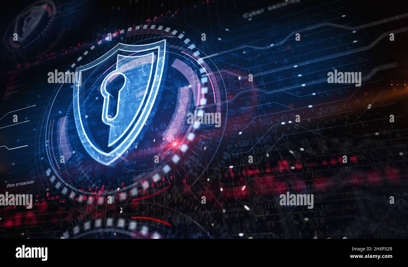 Sicurezza informatica, protezione della rete e dati digitali con concetto digitale di simbolo scudo. Rete, tecnologia informatica e background astratto informatico 3D Foto Stock