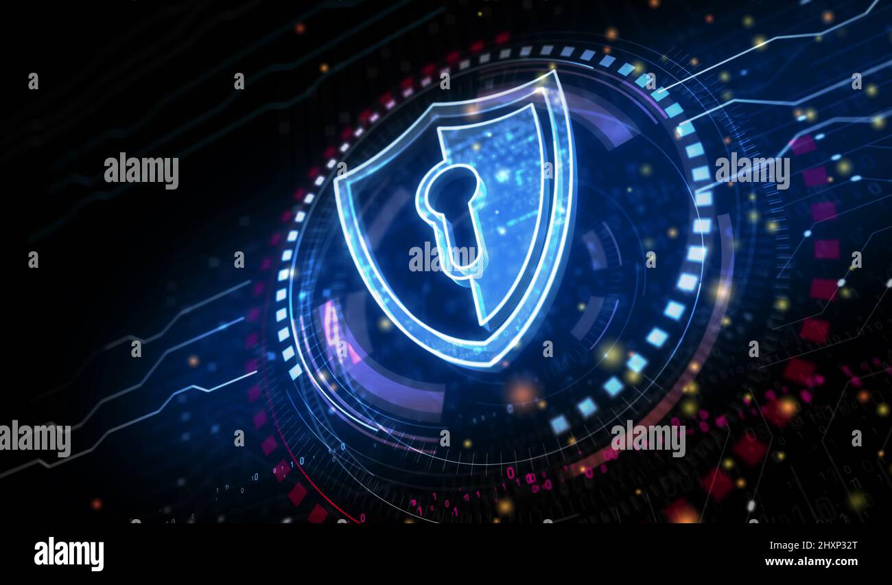 Sicurezza informatica, protezione della rete e dati digitali con concetto digitale di simbolo scudo. Rete, tecnologia informatica e background astratto informatico 3D Foto Stock