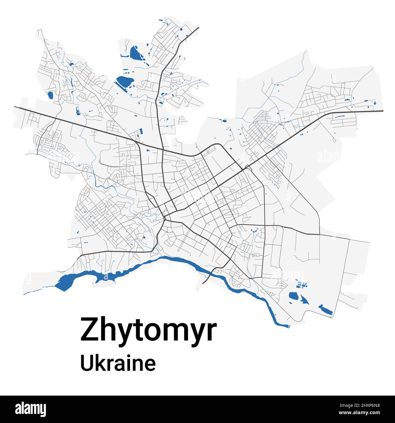 Mappa vettoriale di Zhytomyr. Mappa dettagliata dell'area amministrativa della città di Zhytomyr. Panorama urbano. Illustrazione vettoriale senza royalty. Mappa stradale con autostrade, Illustrazione Vettoriale