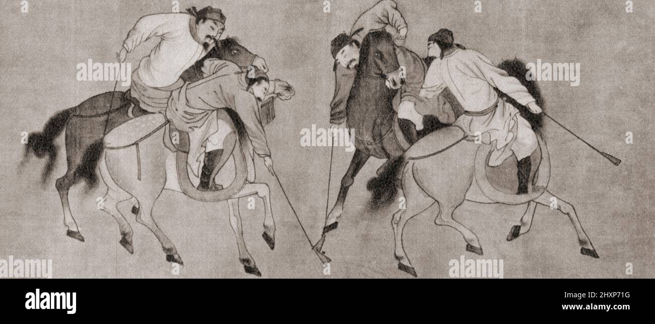 Uomini cinesi che giocano un gioco di polo nel 15th secolo. Dal Paese delle meraviglie della conoscenza, pubblicato c.1930 Foto Stock