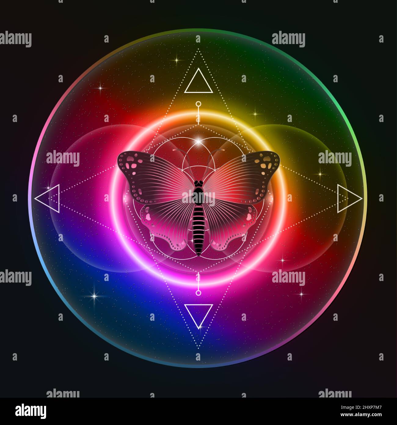 Farfalla sopra mandala, geometria sacra, logo simbolo di armonia ed equilibrio, incandescente Psicedelico colorato neon. Ornamento geometrico, yoga relax, logo Illustrazione Vettoriale