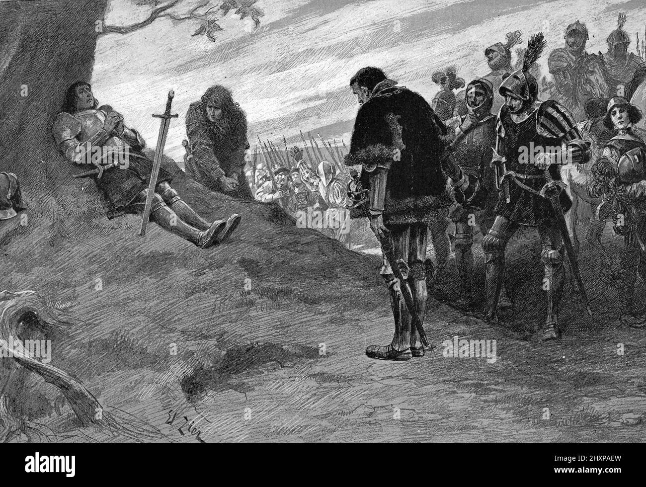 'La mort de Pierre Terrail de Bayard dit le chevalier Bayard (1475-1524) le 30 avril 1524 dans le Piemont en Italie lors des guerres d'Italie (morte di Pierre Terrail, cavaliere e comandante francese seigneur de Bayard) gravure tiree de 'Sang gaulois' d'Edouard Zier Collezione privee 1905 Foto Stock