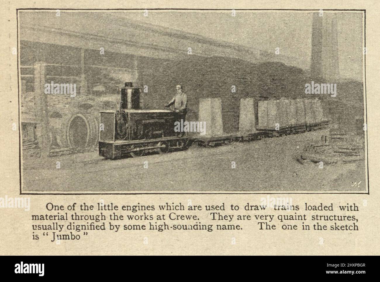 Illustrazione vintage di un piccolo motore utilizzato per disegnare treni con materiale attraverso le opere di Crewe Foto Stock