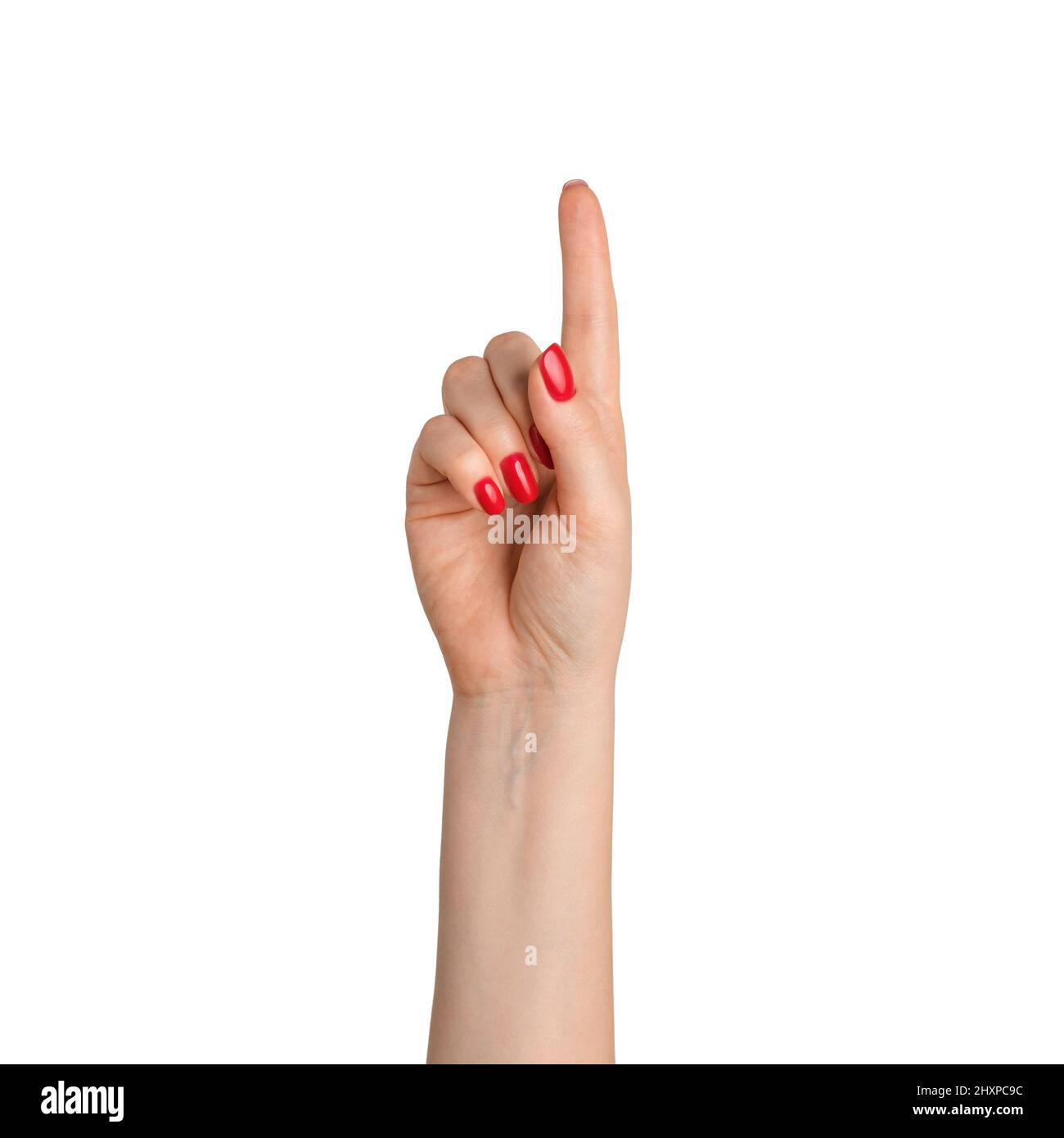 Mano femmina con spremischiatura rossa delle unghie, su sfondo bianco, isolare Foto Stock