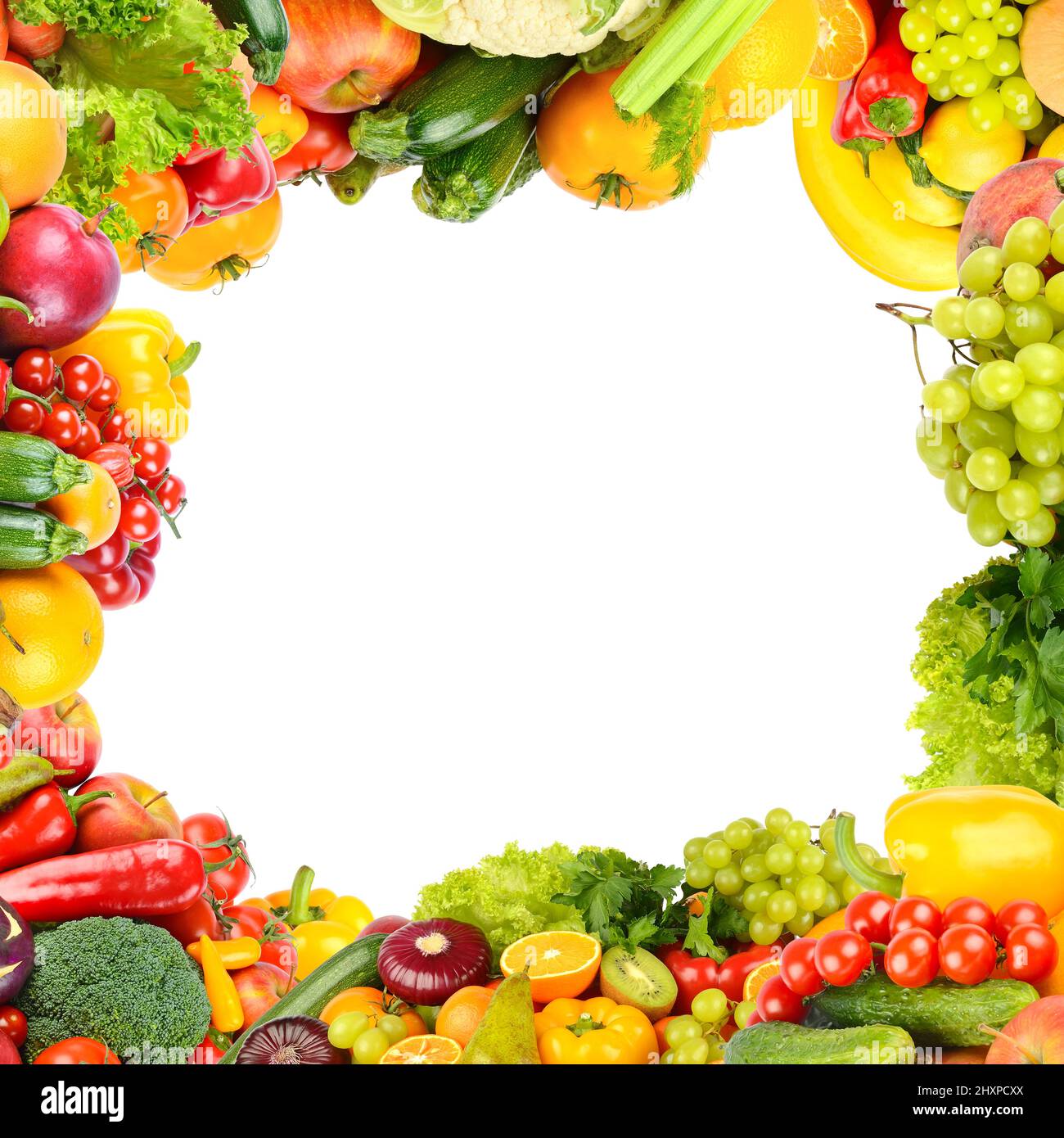 Sfondo quadrato di verdure fresche e frutta sotto forma di un'ampia cornice. Isolato su bianco. Foto Stock