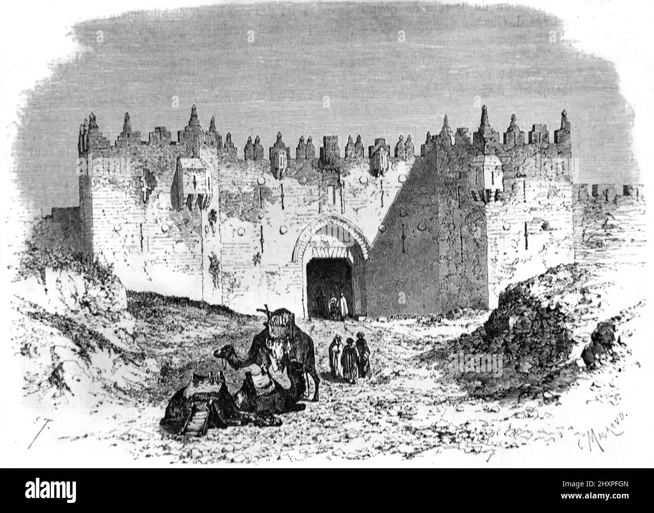 Porta di Damasco o porta della città nelle mura della città vecchia di Gerusalemme. Illustrazione o incisione vintage 1860. Foto Stock