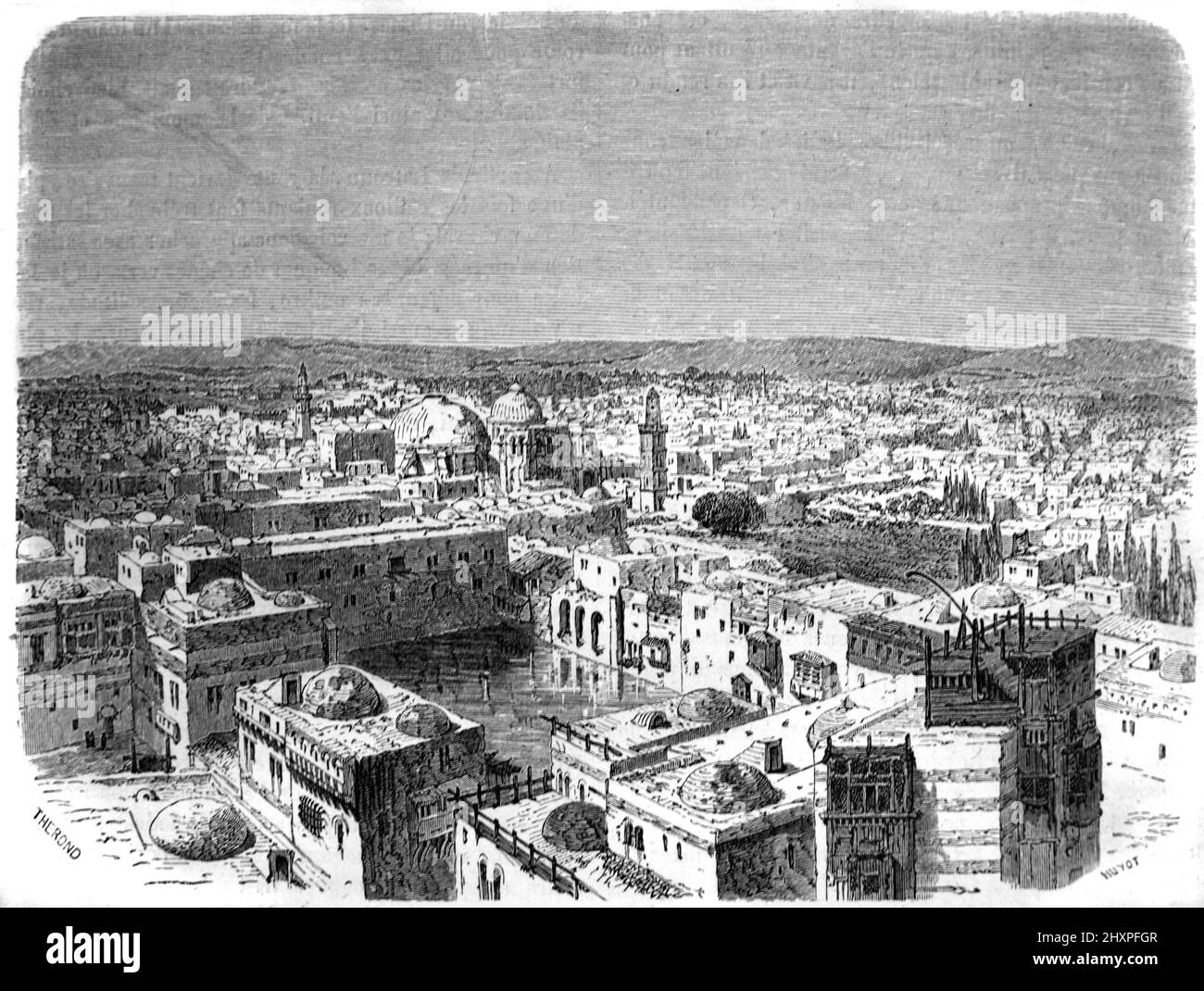 Vista anticipata, vista storica o vista panoramica dei tetti e della città vecchia di Gerusalemme. Illustrazione o incisione vintage 1860. Foto Stock