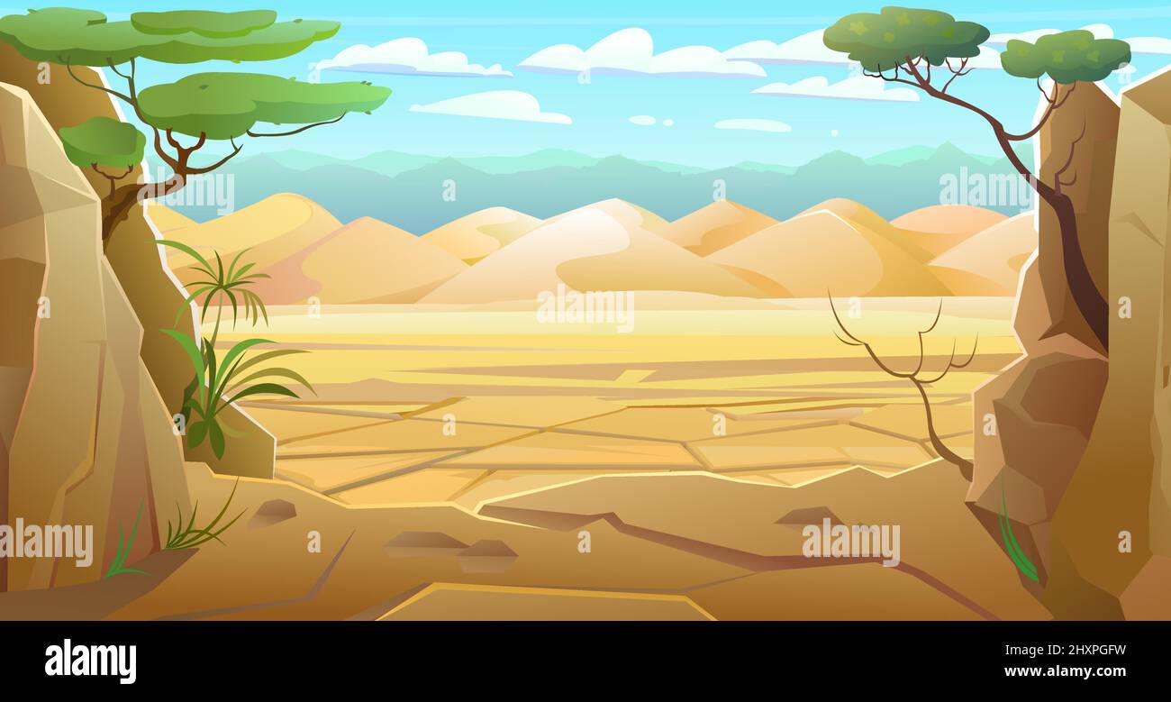 Dune di deserto e montagne in lontananza. Pietre, arenaria e pietre. Paesaggio della campagna meridionale. Stile cartoon cool. Vettore. Illustrazione Vettoriale