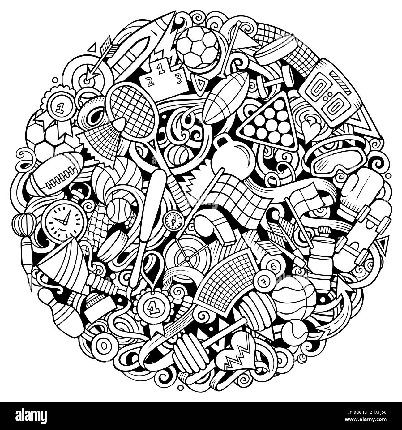 Sport disegno a mano vettore doodles illustrazione. Attività round design. Elementi di atletica e oggetti sfondo cartoon. Illustrazione Vettoriale