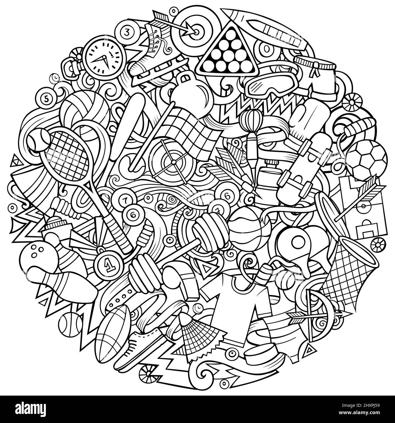 Sport disegno a mano vettore doodles illustrazione. Attività round design. Elementi di atletica e oggetti sfondo cartoon. Illustrazione Vettoriale