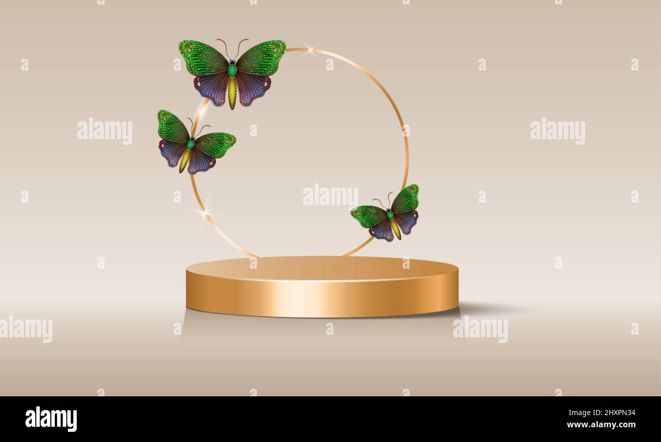3d palco vuoto con arco rotondo dorato decorato con farfalle colorate, isolato su sfondo beige. Vetrina con podio bianco e floreale Illustrazione Vettoriale